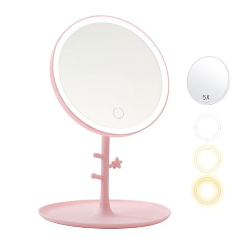GVEFIVME Kosmetikspiegel mit LED Licht, Schminkspiegel Beleuchtet für Schminken Rasieren und Tragen der Kontaktlinsen, 3 Lichtfarben und Dimmbare Helligkeit (pink) von GVEFIVME