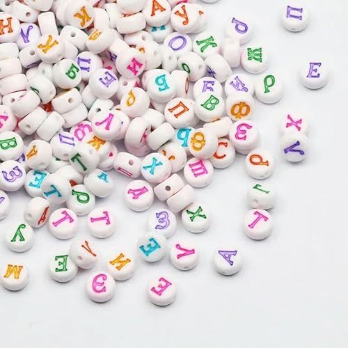 4 x 7 mm schwarze russische Buchstaben, Acrylperlen, weiß, rund, flach, Alphabet, lose Abstandsperlen für die Schmuckherstellung, DIY, handgefertigte Armbänder, B08992, 100 Stück von GVEKJ
