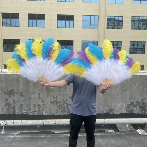 Großhandel 100 cm 130 cm Blaue Straußenfedern Fächer Tanzparty Hochzeit Bühnenshow Requisiten Handfedern Faltfächer 13 Knochen-Farbmischung-Großer Fächer 2 STÜ von GVEKJ