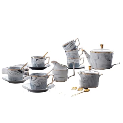 GVNFJKJK Keramik-Teesets 21-teiliges Porzellan-Teeservice for Erwachsene mit Marmormuster, Kaffeetassen und Untertassen, Teeservice for Erwachsene mit Zuckerdose, Milchkännchen und Löffeln(Grey) von GVNFJKJK