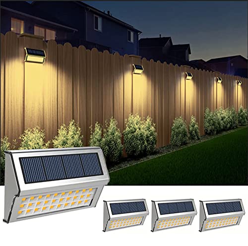 GVOREE Solarlampen für Außen, 4 Stück Warmweiß Edelstahl Wandleuchte 30LED Dekorative,Lichter für Garten, Zaun,Terrassen, Treppe,Weg [Energieklasse A+++] von GVOREE