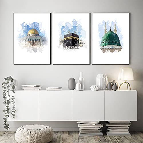 Druck Auf Leinwand Islamisches Gebäude Moschee Kaaba Leinwand Poster Landschaft Religion Aquarelle Dekorative Malerei Moderne Bilder Wohnzimmer Dekor 50x70cm von GVOZI
