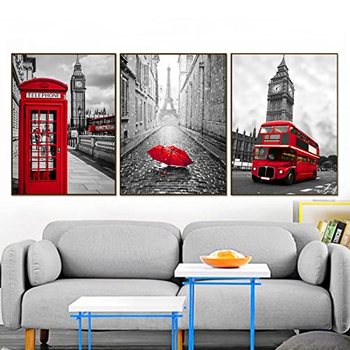 Leinwanddruck Leinwand Malerei London Paare Poster Nordic Schwarz Weiß Wandkunst Bilder Küche Kunst Wohnkultur Rot Bus Regenschirm Telefonzelle 60x90cm von GVOZI