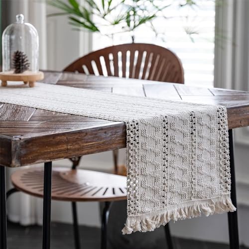 Makramee Tischläufer, 30 x 120 cm,Quasten Tischläufer, Makramee Boho,Fransen Tischläufer, Rechteckige Häkelspitze Mesh Tischdecke, für Hochzeit und Esstisch dekorativer Tischläufer, Beige von GVPOELR