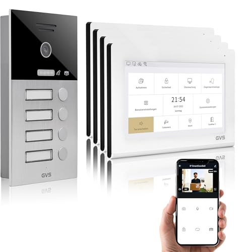 GVS - IP Video Türsprechanlage 4 Familienhaus mit Türöffner, HD Kamera, 4X 7 Zoll Monitor & App - Smarte Video Türklingel mit Kamera & Gegensprechanlage (AVS1382U) von GVS