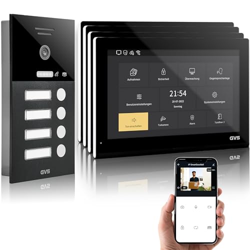 GVS - IP Video Türsprechanlage 4 Familienhaus mit Türöffner, HD Kamera, 4X 10 Zoll Monitor & App - Smarte Video Türklingel mit Kamera & Gegensprechanlage (AVS5517U) von GVS