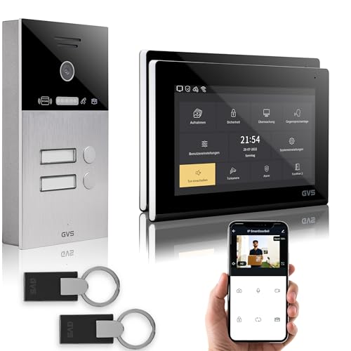 GVS - IP Video Türsprechanlage 2-Familienhaus mit Türöffner (RFID), HD Kamera, 2x7 Zoll Monitor & App - Smarte Video Türklingel mit Kamera & Gegensprechanlage (AVS4088A) von GVS