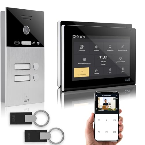 GVS - IP Video Türsprechanlage 2-Familienhaus mit Türöffner (RFID), HD Kamera, 2x7 Zoll Monitor & App - Smarte Video Türklingel mit Kamera & Gegensprechanlage (AVS4088U) von GVS