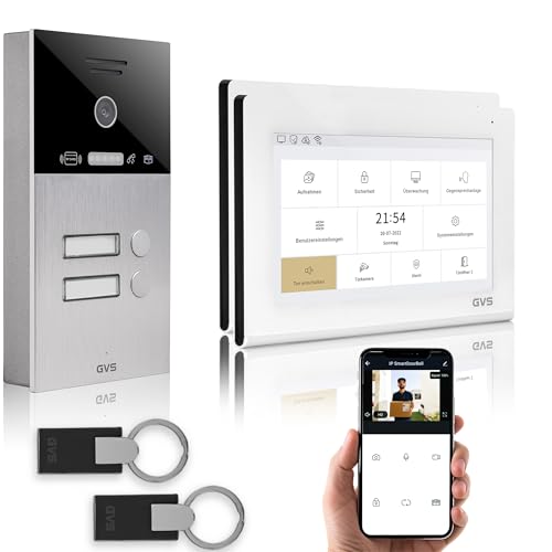 GVS - IP Video Türsprechanlage 2-Familienhaus mit Türöffner (RFID), HD Kamera, 2x7 Zoll Monitor & App - Smarte Video Türklingel mit Kamera & Gegensprechanlage (AVS4457A) von GVS