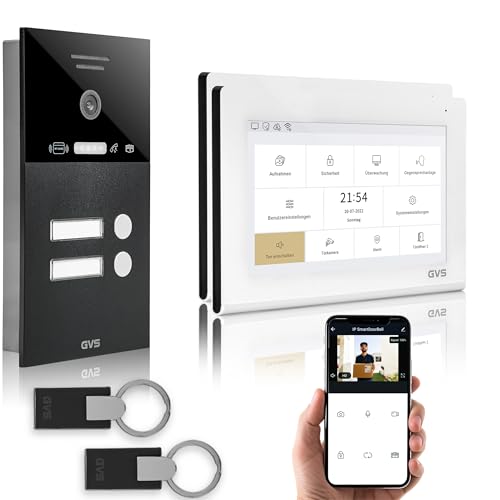 GVS - IP Video Türsprechanlage 2-Familienhaus mit Türöffner (RFID), HD Kamera, 2x7 Zoll Monitor & App - Smarte Video Türklingel mit Kamera & Gegensprechanlage (AVS4466U) von GVS