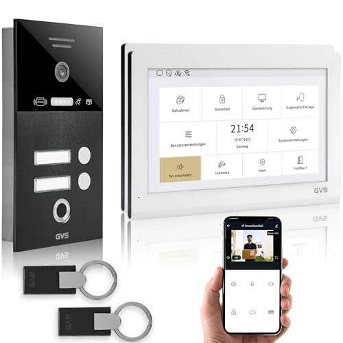 GVS - IP Video Türsprechanlage 2-Familienhaus mit Türöffner (RFID & Fingerprint), HD Kamera, 2X 10 Zoll Monitor & App - Smarte Video Türklingel mit Kamera & Gegensprechanlage (AVS5449U) von GVS