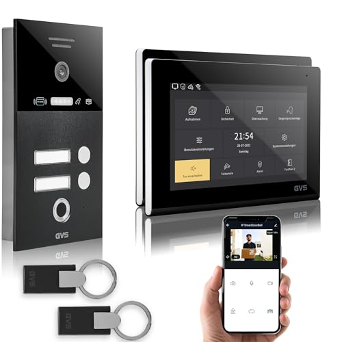 GVS - IP Video Türsprechanlage 2-Familienhaus mit Türöffner (RFID & Fingerprint), HD Kamera, 2X 7 Zoll Monitor & App - Smarte Video Türklingel mit Kamera & Gegensprechanlage (AVS5288U) von GVS