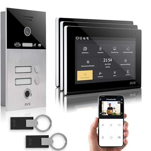 GVS - IP Video Türsprechanlage 2-Familienhaus mit Türöffner (RFID & Fingerprint), HD Kamera, 3X 7 Zoll Monitor & App - Smarte Video Türklingel mit Kamera & Gegensprechanlage (AVS5089U) von GVS