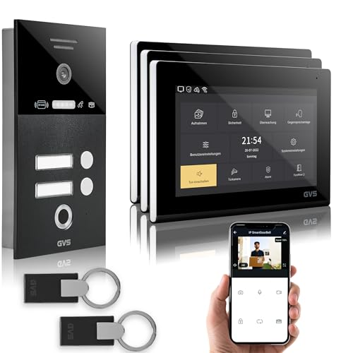 GVS - IP Video Türsprechanlage 2-Familienhaus mit Türöffner (RFID & Fingerprint), HD Kamera, 3X 7 Zoll Monitor & App - Smarte Video Türklingel mit Kamera & Gegensprechanlage (AVS5289U) von GVS