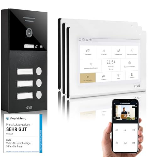 GVS - IP Video Türsprechanlage 3 Familienhaus mit Türöffner, HD Kamera, 3X 7 Zoll Monitor & App - Smarte Video Türklingel mit Kamera & Gegensprechanlage (AVS1368A) von GVS