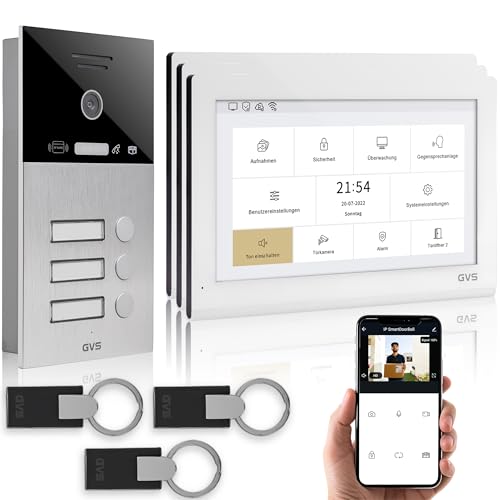 GVS - IP Video Türsprechanlage 3 Familienhaus mit Türöffner (RFID), HD Kamera, 3X 10 Zoll Monitor & App - Smarte Video Türklingel mit Kamera & Gegensprechanlage (AVS5426U) von GVS