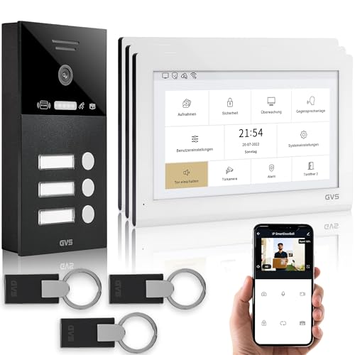 GVS - IP Video Türsprechanlage 3 Familienhaus mit Türöffner (RFID), HD Kamera, 3X 10 Zoll Monitor & App - Smarte Video Türklingel mit Kamera & Gegensprechanlage (AVS5443A) von GVS