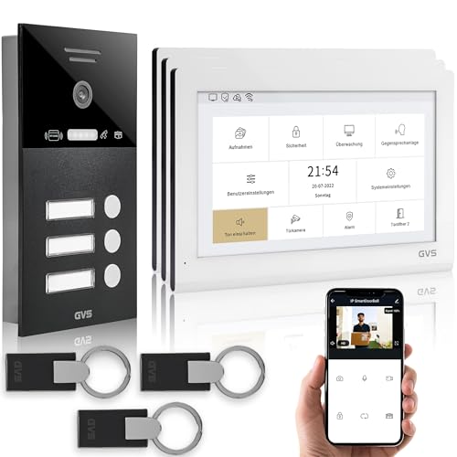 GVS - IP Video Türsprechanlage 3 Familienhaus mit Türöffner (RFID), HD Kamera, 3X 10 Zoll Monitor & App - Smarte Video Türklingel mit Kamera & Gegensprechanlage (AVS5443U) von GVS