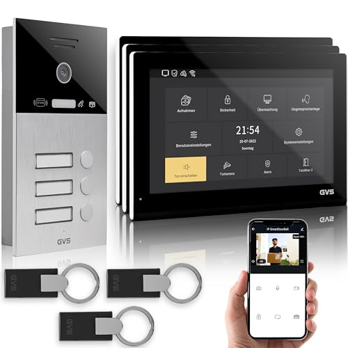 GVS - IP Video Türsprechanlage 3 Familienhaus mit Türöffner (RFID), HD Kamera, 3X 10 Zoll Monitor & App - Smarte Video Türklingel mit Kamera & Gegensprechanlage (AVS5526U) von GVS