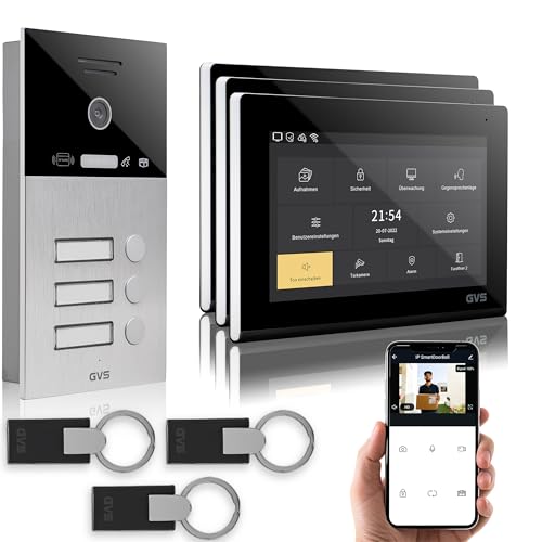 GVS - IP Video Türsprechanlage 3 Familienhaus mit Türöffner (RFID), HD Kamera, 3X 7 Zoll Monitor & App - Smarte Video Türklingel mit Kamera & Gegensprechanlage (AVS4091U) von GVS