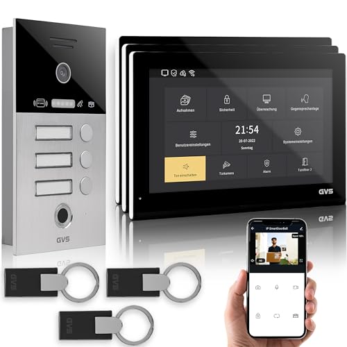 GVS - IP Video Türsprechanlage 3 Familienhaus mit Türöffner (RFID & Fingerprint), HD Kamera, 3X 10 Zoll Monitor & App - Smarte Video Türklingel mit Kamera & Gegensprechanlage (AVS5535U) von GVS