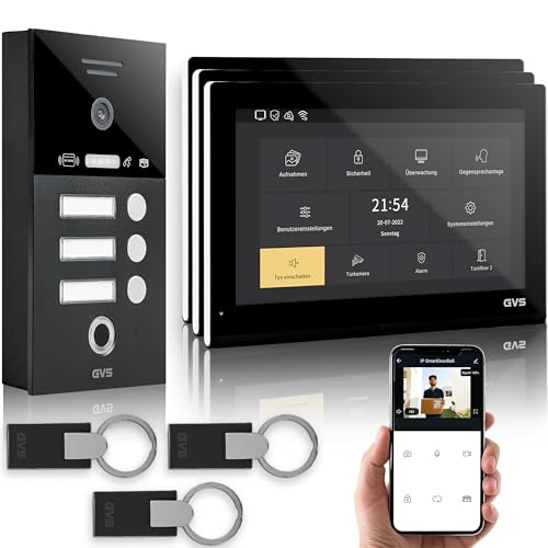 GVS - IP Video Türsprechanlage 3 Familienhaus mit Türöffner (RFID & Fingerprint), HD Kamera, 3X 10 Zoll Monitor & App - Smarte Video Türklingel mit Kamera & Gegensprechanlage (AVS5552A) von GVS