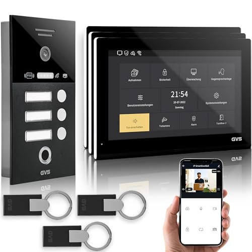 GVS - IP Video Türsprechanlage 3 Familienhaus mit Türöffner (RFID & Fingerprint), HD Kamera, 3X 10 Zoll Monitor & App - Smarte Video Türklingel mit Kamera & Gegensprechanlage (AVS5552U) von GVS