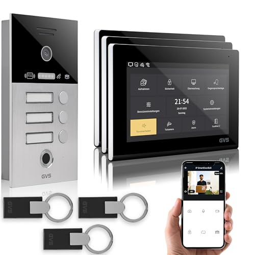 GVS - IP Video Türsprechanlage 3 Familienhaus mit Türöffner (RFID & Fingerprint), HD Kamera, 3X 7 Zoll Monitor & App - Smarte Video Türklingel mit Kamera & Gegensprechanlage (AVS5091U) von GVS