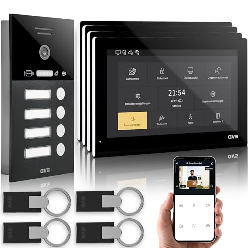 GVS - IP Video Türsprechanlage 4 Familienhaus mit Türöffner (RFID), HD Kamera, 4X 10 Zoll Monitor & App - Smarte Video Türklingel mit Kamera & Gegensprechanlage (AVS5544U) von GVS
