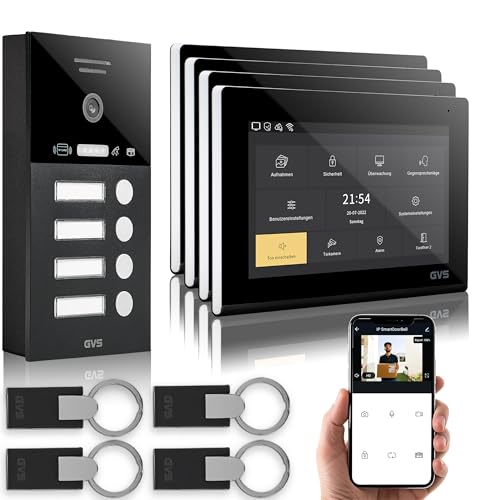 GVS - IP Video Türsprechanlage 4 Familienhaus mit Türöffner (RFID), HD Kamera, 4X 7 Zoll Monitor & App - Smarte Video Türklingel mit Kamera & Gegensprechanlage (AVS4292A) von GVS