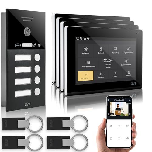 GVS - IP Video Türsprechanlage 4 Familienhaus mit Türöffner (RFID), HD Kamera, 4X 7 Zoll Monitor & App - Smarte Video Türklingel mit Kamera & Gegensprechanlage (AVS4292U) von GVS