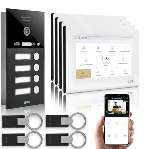 GVS - IP Video Türsprechanlage 4 Familienhaus mit Türöffner (RFID), HD Kamera, 4X 7 Zoll Monitor & App - Smarte Video Türklingel mit Kamera & Gegensprechanlage (AVS4470U) von GVS