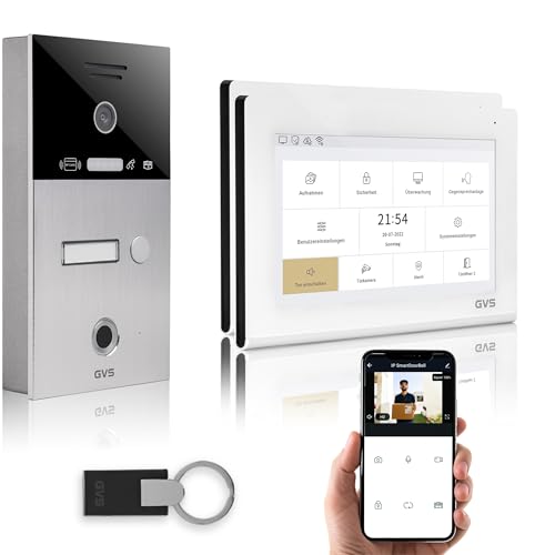 GVS - IP Video Türsprechanlage mit Türöffner, Fingerprint & RFID, HD Kamera, 2X 7 Zoll Monitor & App - Smarte Video Türklingel mit Kamera & Gegensprechanlage für 1 Familienhaus (AVS4472A) von GVS
