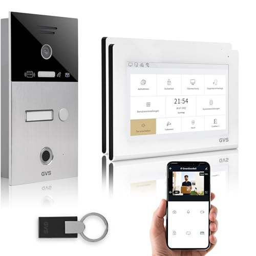 GVS - IP Video Türsprechanlage mit Türöffner, Fingerprint & RFID, HD Kamera, 2X 7 Zoll Monitor & App - Smarte Video Türklingel mit Kamera & Gegensprechanlage für 1 Familienhaus (AVS4472U) von GVS