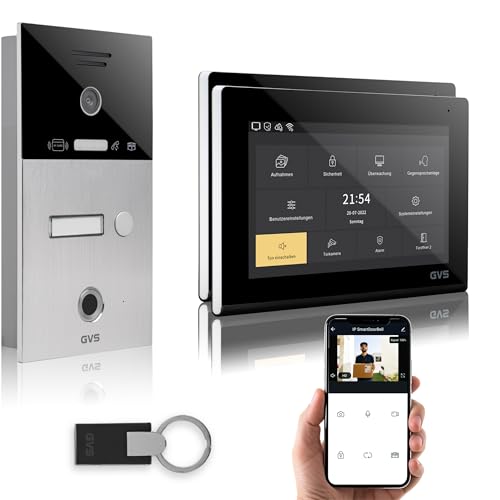GVS - IP Video Türsprechanlage mit Türöffner, Fingerprint & RFID, HD Kamera, 2X 7 Zoll Monitor & App - Smarte Video Türklingel mit Kamera & Gegensprechanlage für 1 Familienhaus (AVS5085U) von GVS