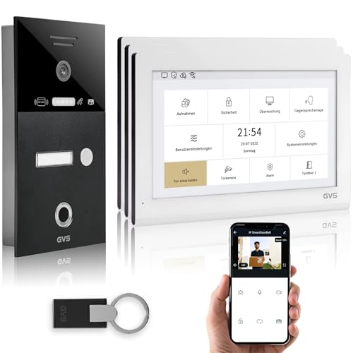 GVS - IP Video Türsprechanlage mit Türöffner, Fingerprint & RFID, HD Kamera, 3X 10 Zoll Monitor & App - Smarte Video Türklingel mit Kamera & Gegensprechanlage für 1 Familienhaus (AVS5447U) von GVS
