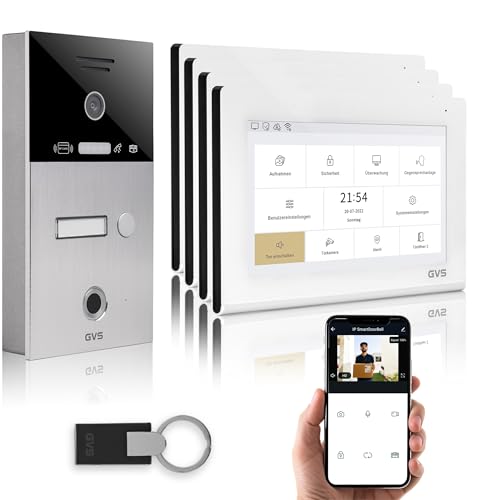 GVS - IP Video Türsprechanlage mit Türöffner, Fingerprint & RFID, HD Kamera, 4X 7 Zoll Monitor & App - Smarte Video Türklingel mit Kamera & Gegensprechanlage für 1 Familienhaus (AVS4474A) von GVS
