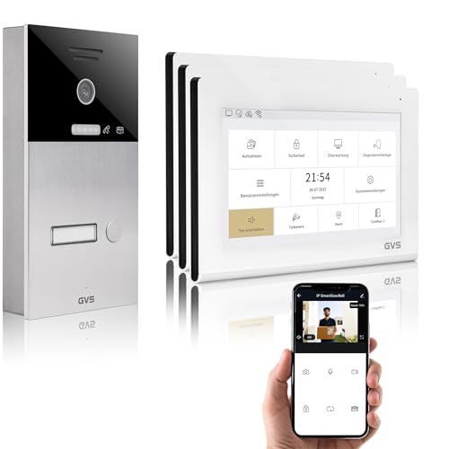 GVS - IP Video Türsprechanlage mit Türöffner, HD Kamera, 3X 7 Zoll Monitor & App - Smarte Video Türklingel mit Kamera & Gegensprechanlage für 1 Familienhaus (AVS1332A) von GVS