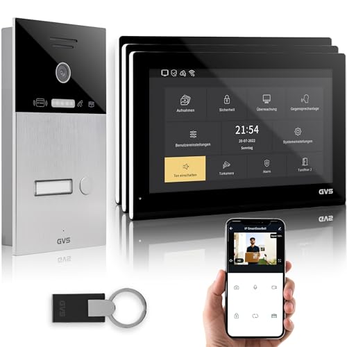 GVS - IP Video Türsprechanlage mit Türöffner, RFID Zugang, HD Kamera, 3X 10 Zoll Monitor & App - Smarte Video Türklingel mit Kamera & Gegensprechanlage für 1 Familienhaus (AVS5521U) von GVS