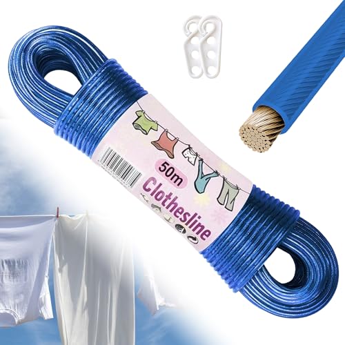 𝟓𝟎𝐌 Wäscheleine Extra Stark mit Stahleinlage: Wäscheleine Draußen mit 2 Haken Stahlkern und Kunststoffummantelung Reißfest und Rostfest Tragbar Starke Wäscheleinen für Haus und Campin (Blau) von GWAEPU