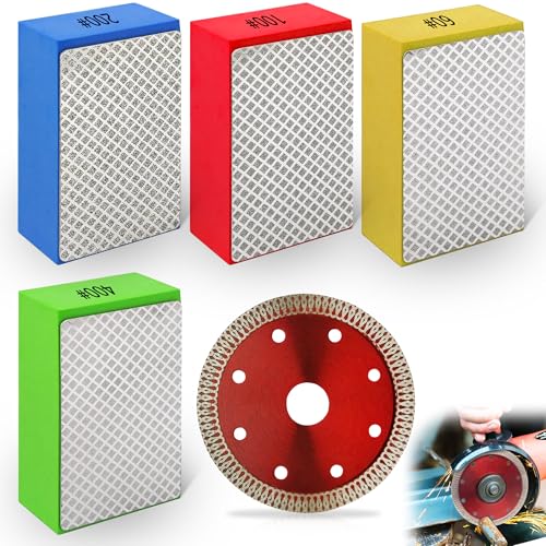 Diamant-Handpolierpads Set: 4 stück fliesen-schleifklotz und 1 Diamant-Trennscheiben für Steinkeramikfliesen, Glas, Schleifen Trimmen (60# 100# 200# 400#) von GWAEPU