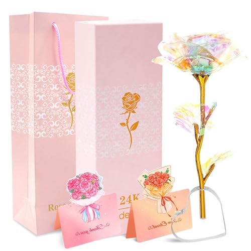 GWAWG Frauengeschenke Glas Rose Galaxy Rose Verzaubertes Regenbogenblumengeschenk mit Herzsockel und GrußKarte Einzigartige Geburtstag für Ihre Oma Frau Schwester Freunde von GWAWG