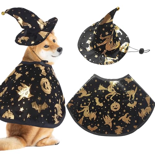 GWAWG Haustierkostüm Set Katzen Halloween Kostüm Hundekostüm und Katzenkostüm für Halloween 1 Set Hundekostüm Umhang Und Hexenhut mit Glocke Cosplay Umhang und Kleidung für Haustiere Ideal für Hallowe von GWAWG