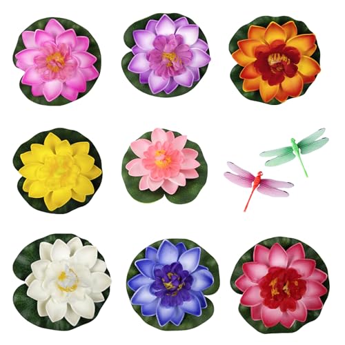 GWAWG Pack of 8 Floating Flowers, Floating Water Lily, Floating Lotus Flowers, Floating Aquarium Plants, Artificial Lotus with Dragonfly for Pond Decoration von GWAWG