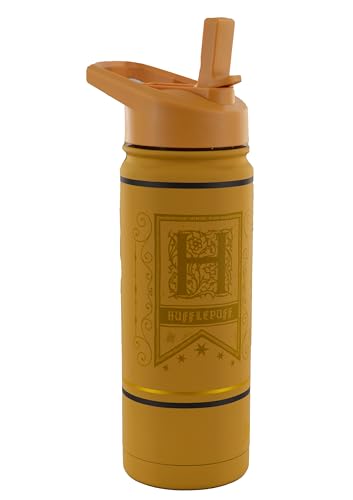 Lizenzierte Harry Potter Hufflepuff-Wasserflasche "Double Stainless Steel 772.2 cm mit geprägtem Logo in Gelb & Just and Loyal in Silber, Fassungsvermögen 530 ml, Lagerung 16 Stunden heiß und 12 von GWCC