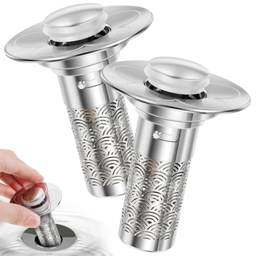 2 Stück Waschbeckenstöpsel mit Sieb Edelstahl Pop Up Abflusssieb One-Touch-Bedienung Ablaufgarnitur Stöpsel Bathroom Sink Plug Abflussstopfen Waschbecken für 28-35mm Abflüsse von GWCYMYD