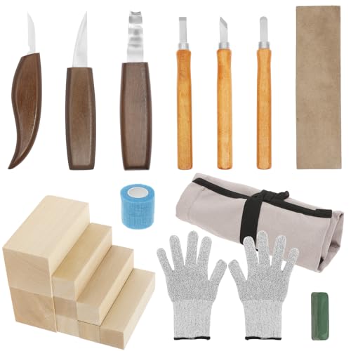 20 Teiliges Holzschnitzerei Set Holz Holzschnitzset mit 3 Schnitzmesser 8 Holzblöcke Handschuhe Schnitzwerkzeug Schnitzmesser Set für Anfänger Profis von GWCYMYD