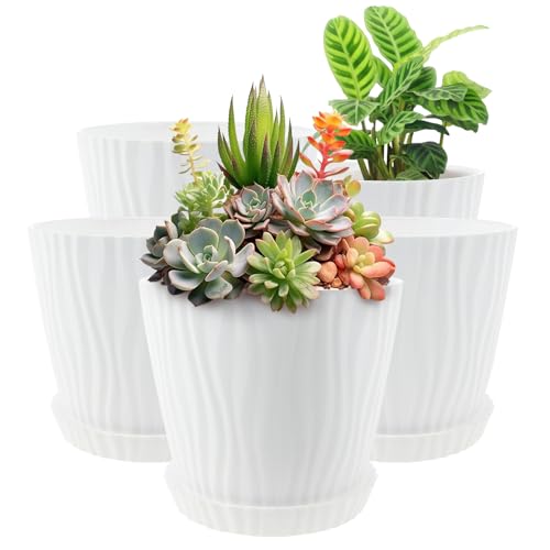 GWCYMYD 5 Stück Blumentöpfe Set 14,5cm Pp Pflanzentopf mit Untersetzer Drainagelöchern Gewellt Flower Pots für Zimmer- und Gartenpflanzen Kakteen Sukkulenten (Weiß) von GWCYMYD