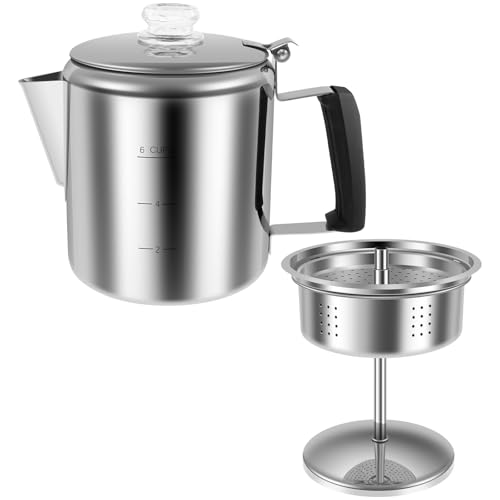GWCYMYD Perkolator Kaffeekanne Edelstahl 6 Tassen Kaffee Perkolator mit Klappbarem Griff Tragbar Camping Kaffeekanne für Reisen Camping Outdoor-Aktivitäten von GWCYMYD