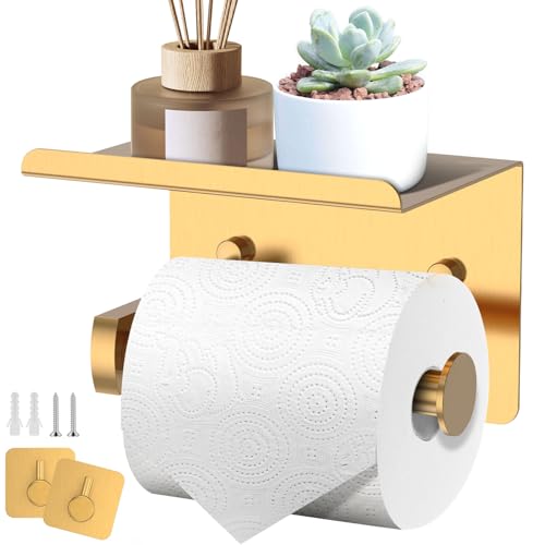 Toilettenpapierhalter mit Ablage Edelstahl Klopapierhalter mit 2 Selbstklebenden Haken Rostfrei Multifunktionale Klorollenhalter WC Papier Halterung für Bad Küche (Gold) von GWCYMYD